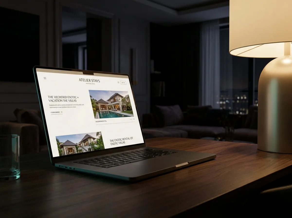 A modern direct-booking website shown on a laptop in a warm interior